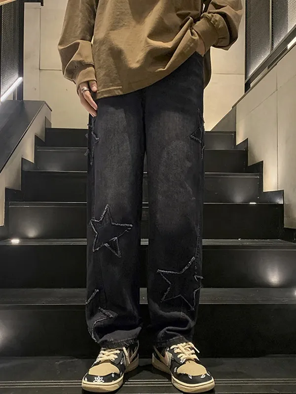 Jeans sueltos de pierna recta con patchwork de estrellas para hombre