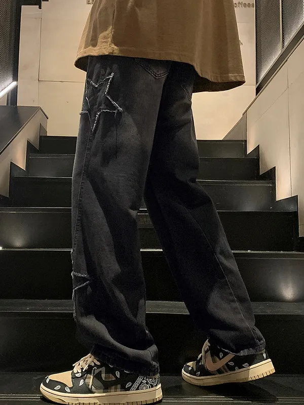 Jeans sueltos de pierna recta con patchwork de estrellas para hombre