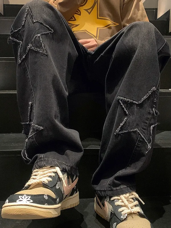 Jeans sueltos de pierna recta con patchwork de estrellas para hombre