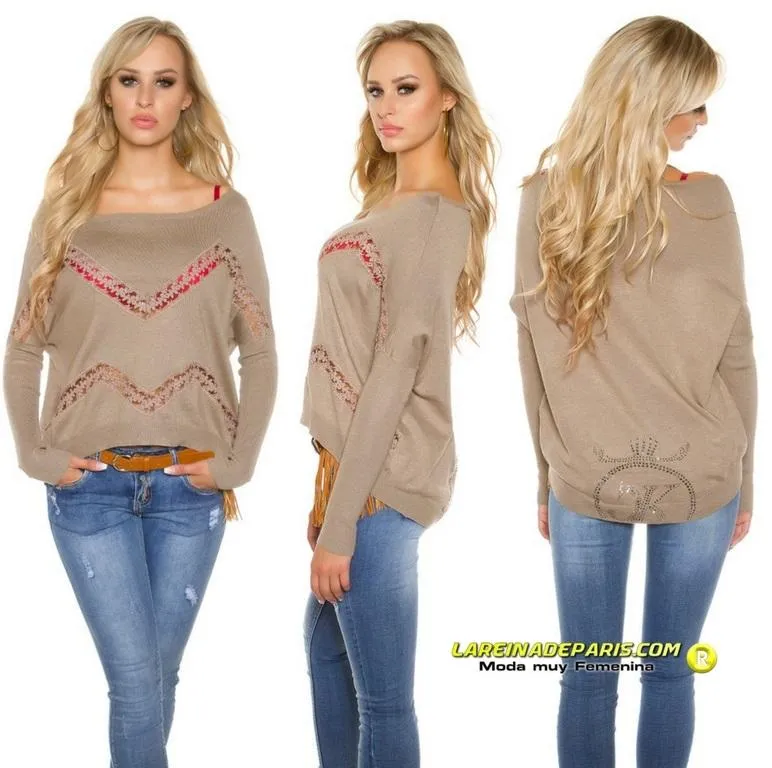 Jersey de moda con encaje y pedrería
