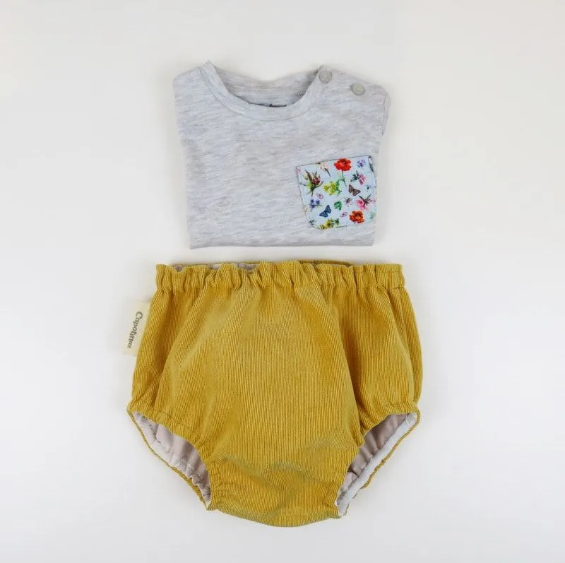 Lookbook camiseta y cubrepañal micropana mostaza