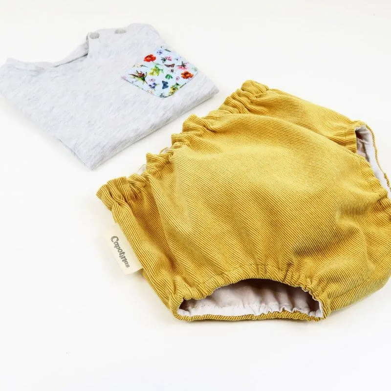 Lookbook camiseta y cubrepañal micropana mostaza