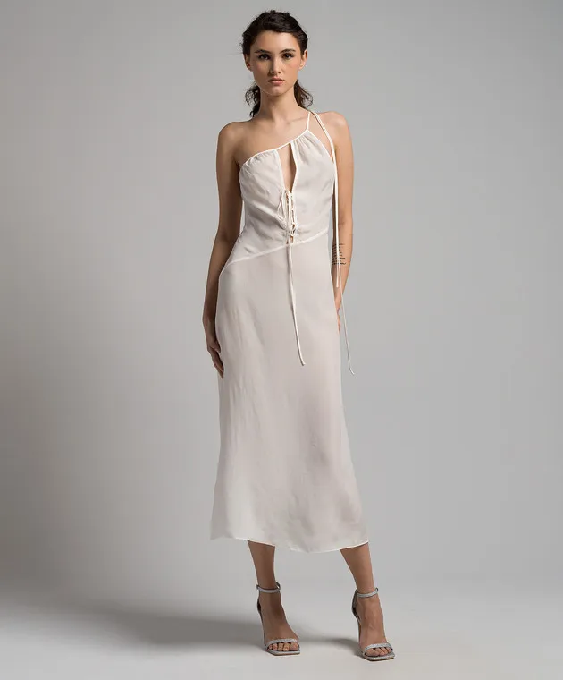 MATERIEL WHITE LACEUP ASYMMETRIC MIDI DRESS
