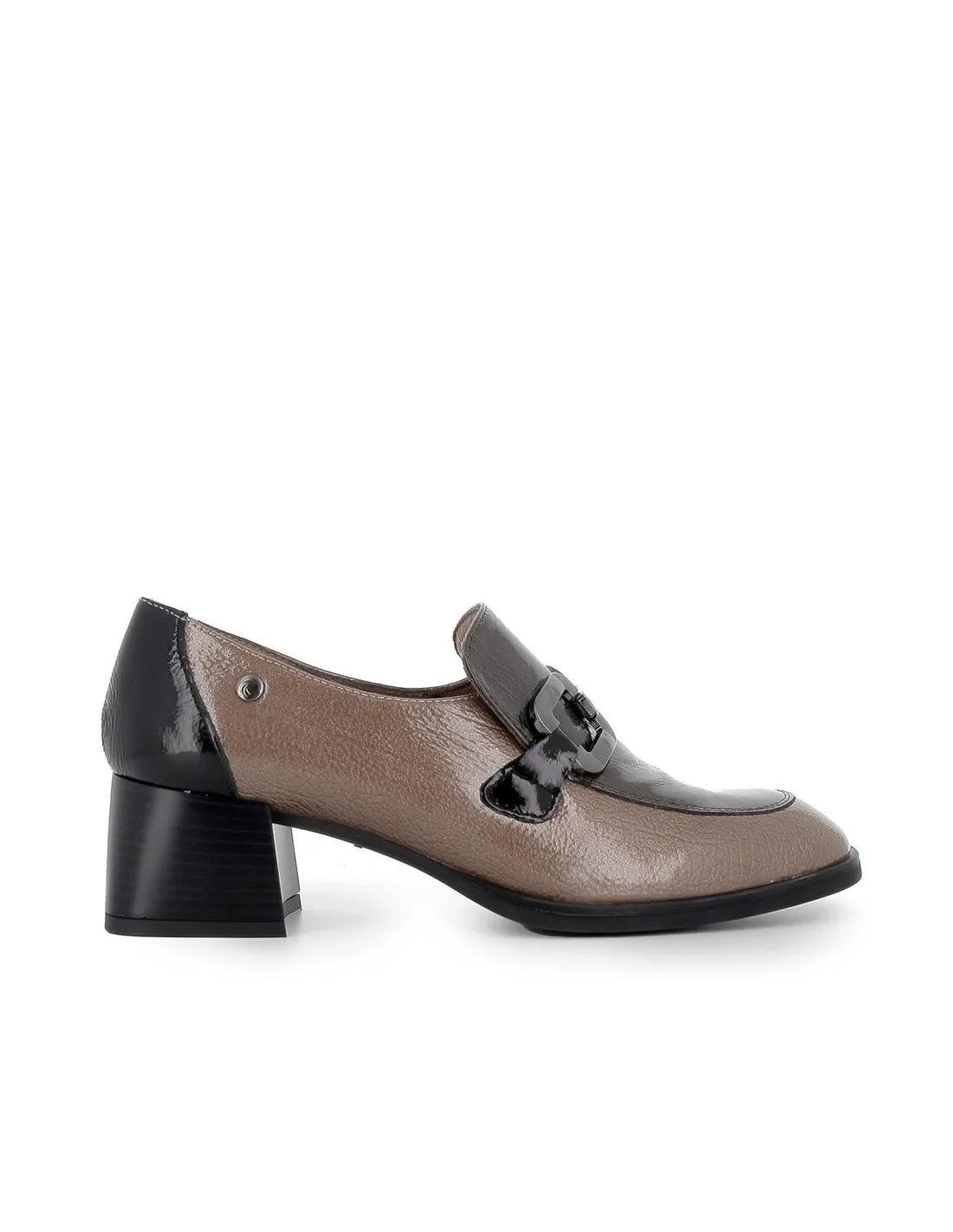 Mocasin charol hebilla cuadrada tacón medio mujer gris Pepe Parra