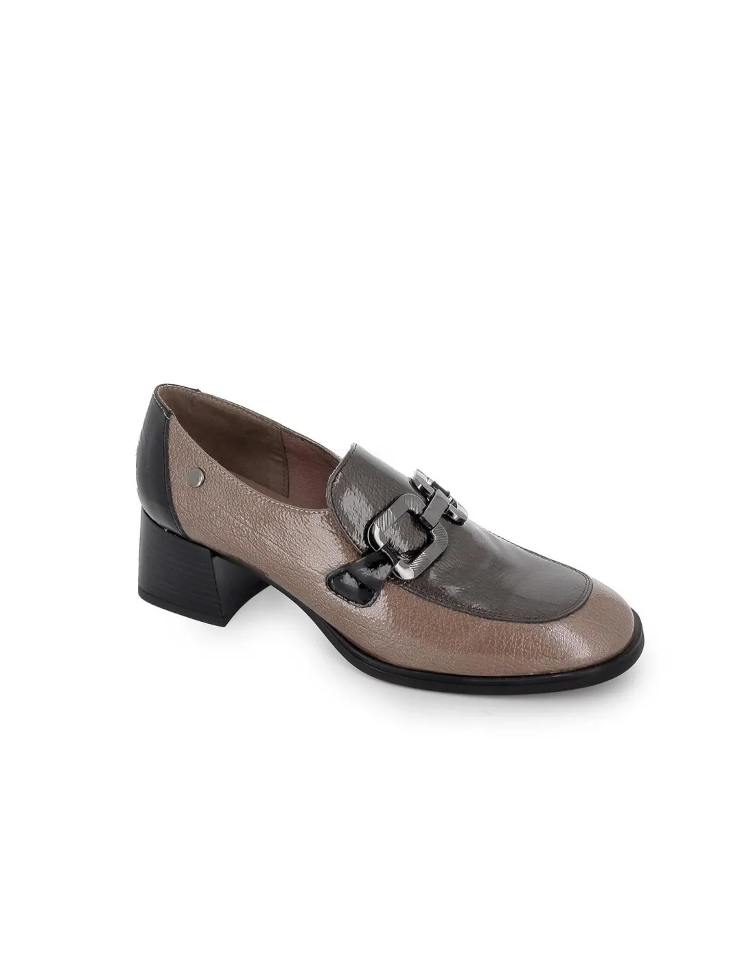 Mocasin charol hebilla cuadrada tacón medio mujer gris Pepe Parra