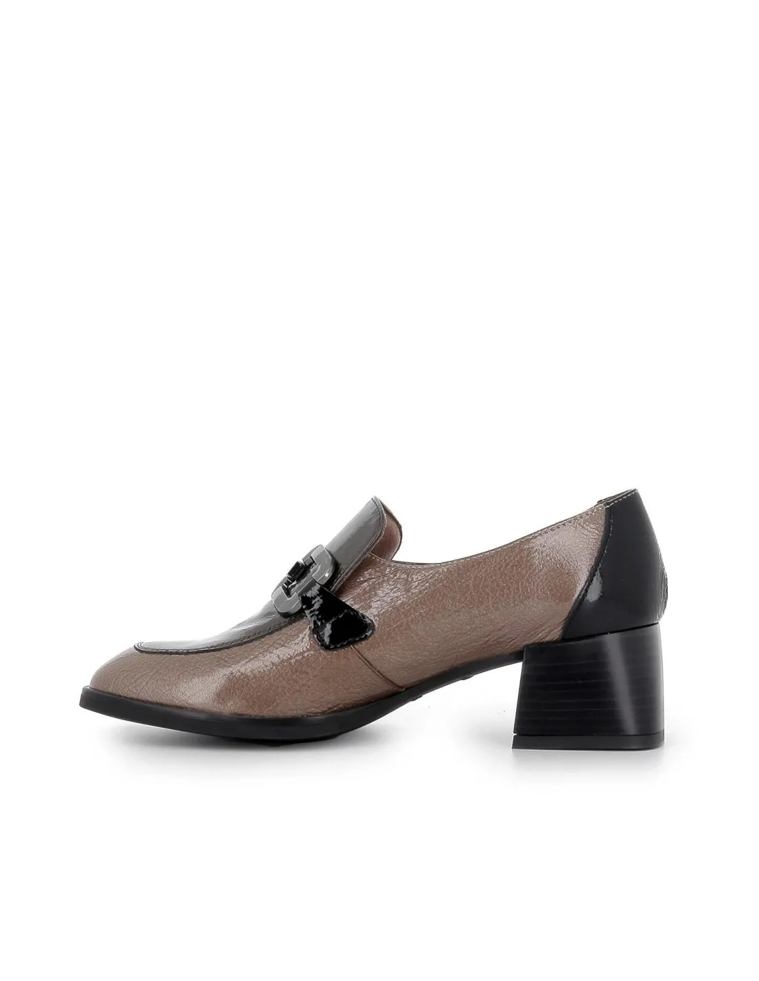 Mocasin charol hebilla cuadrada tacón medio mujer gris Pepe Parra
