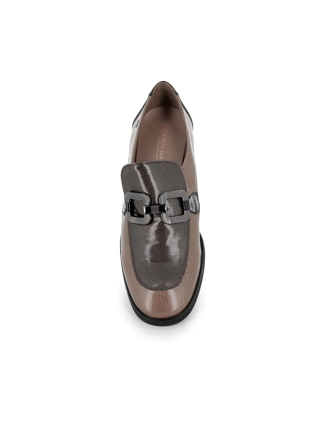 Mocasin charol hebilla cuadrada tacón medio mujer gris Pepe Parra
