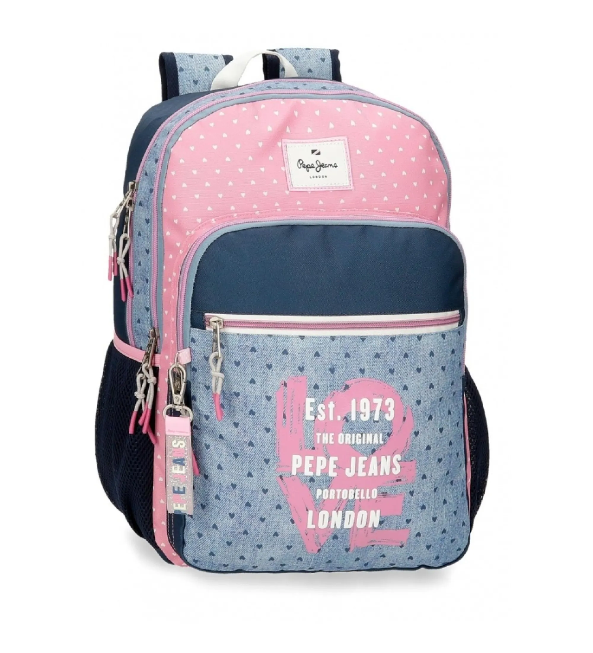 Mochila escolar Pepe Jeans Noni denim dos compartimentos 40 cm adaptable a carro azul, rosa