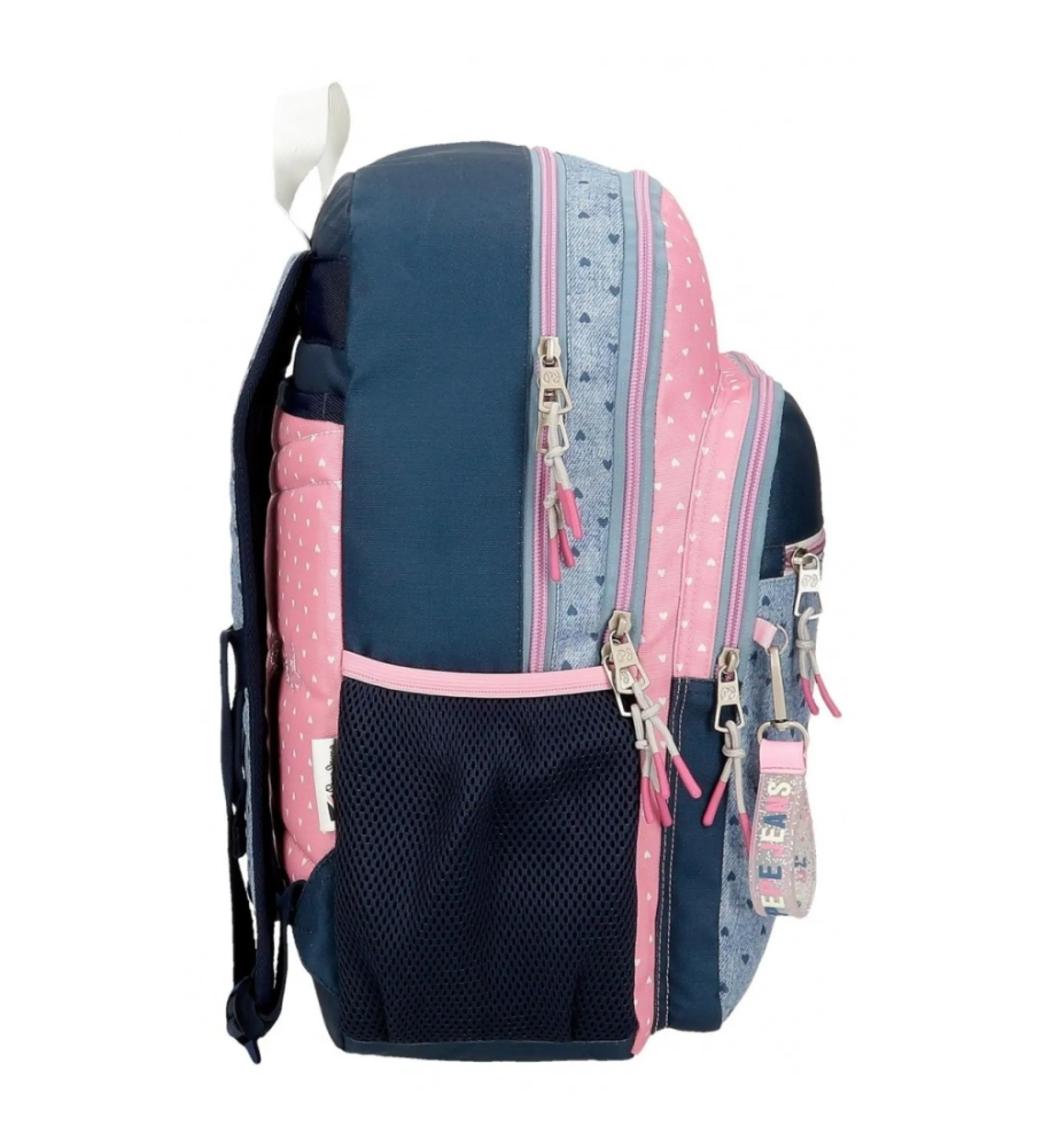 Mochila escolar Pepe Jeans Noni denim dos compartimentos 40 cm adaptable a carro azul, rosa