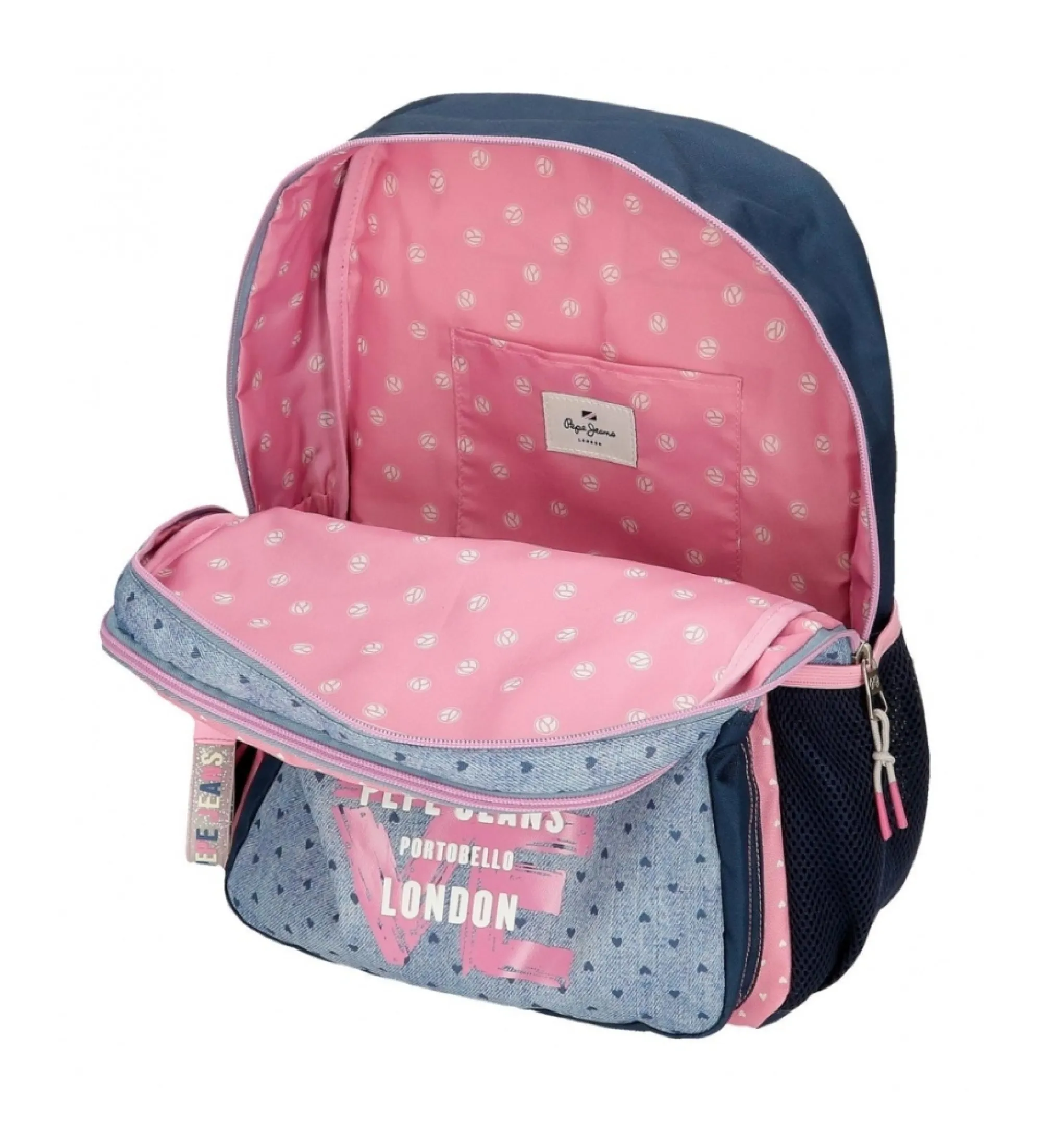 Mochila escolar Pepe Jeans Noni denim dos compartimentos 40 cm adaptable a carro azul, rosa