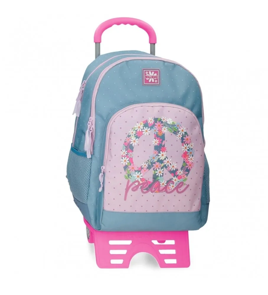 Mochila Escolar Roll Road Peace Dos Compartimentos con carro azul, rosa