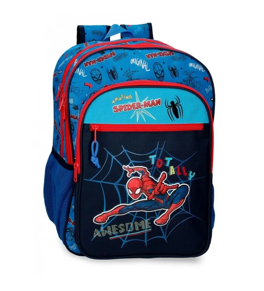 Mochila Escolar Spiderman Totally awesome 42cm Dos Compartimentos adaptable a carro azul