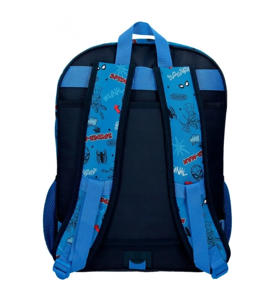 Mochila Escolar Spiderman Totally awesome 42cm Dos Compartimentos adaptable a carro azul