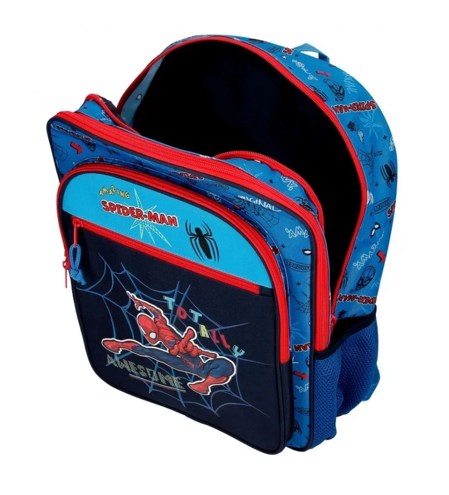 Mochila Escolar Spiderman Totally awesome 42cm Dos Compartimentos adaptable a carro azul