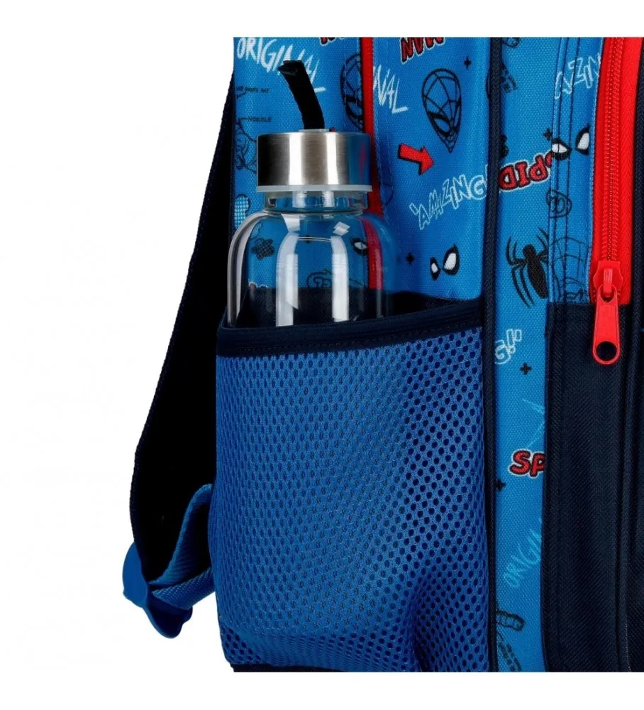 Mochila Escolar Spiderman Totally awesome 42cm Dos Compartimentos adaptable a carro azul
