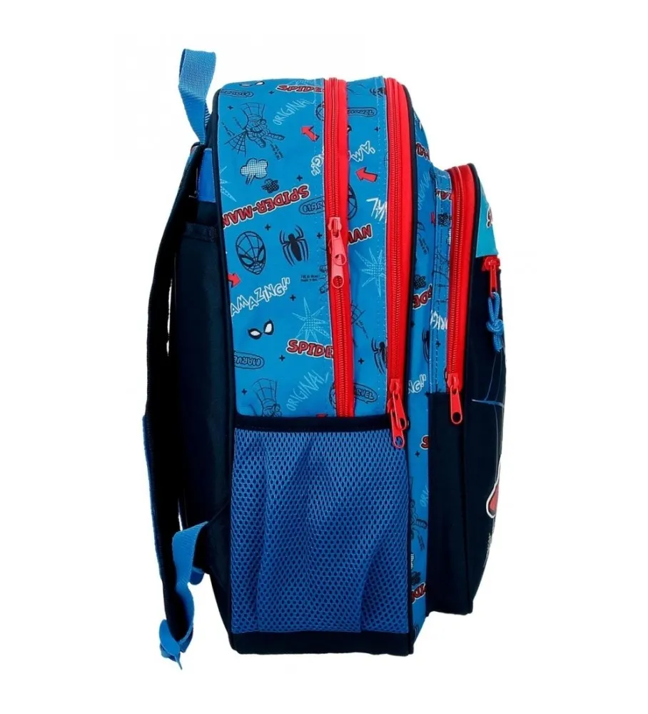 Mochila Escolar Spiderman Totally awesome 42cm Dos Compartimentos adaptable a carro azul
