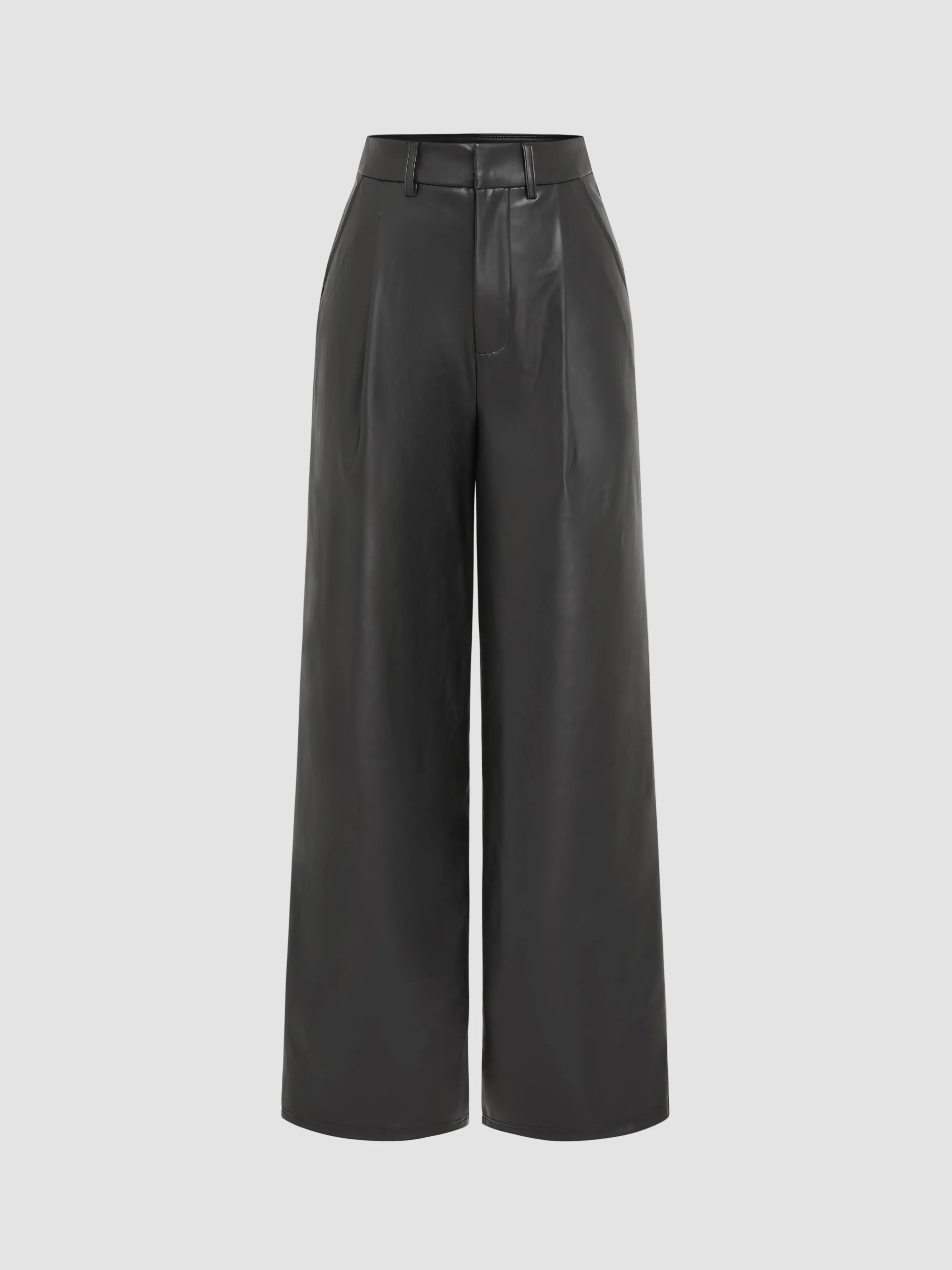  Pantalones Anchos de Cintura Alta de Cuero Sintético Sólido con Bolsillo