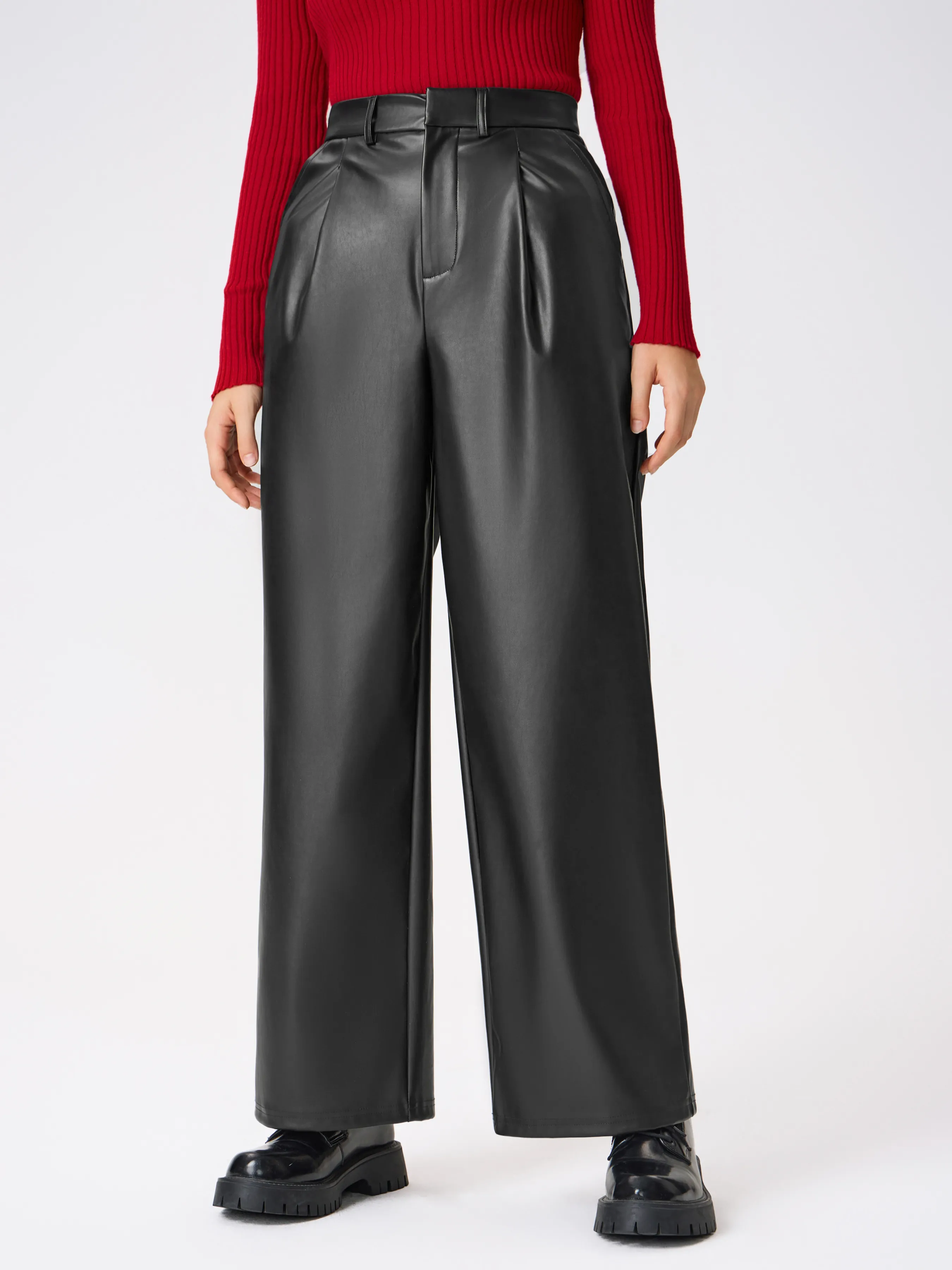  Pantalones Anchos de Cintura Alta de Cuero Sintético Sólido con Bolsillo