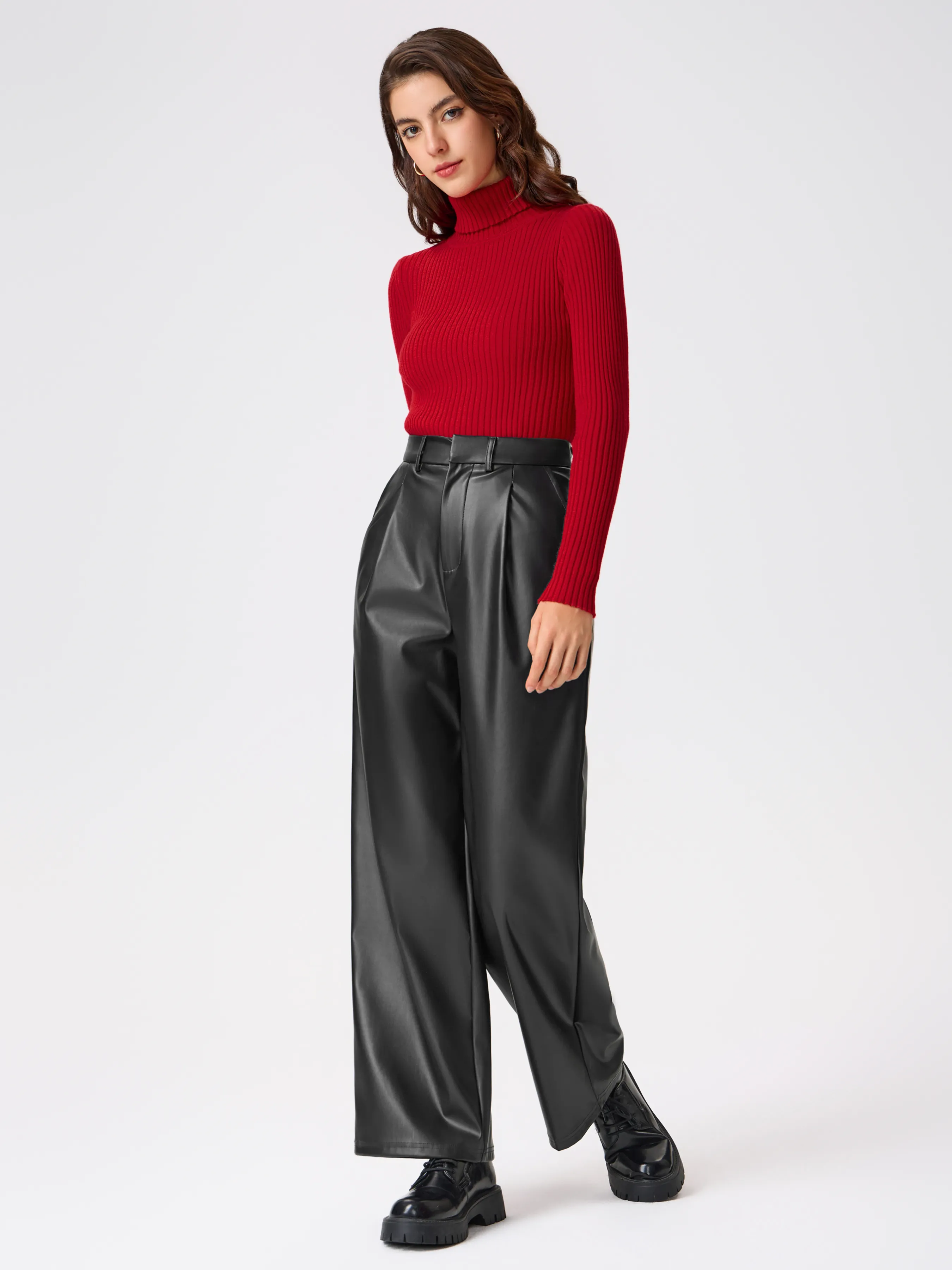  Pantalones Anchos de Cintura Alta de Cuero Sintético Sólido con Bolsillo