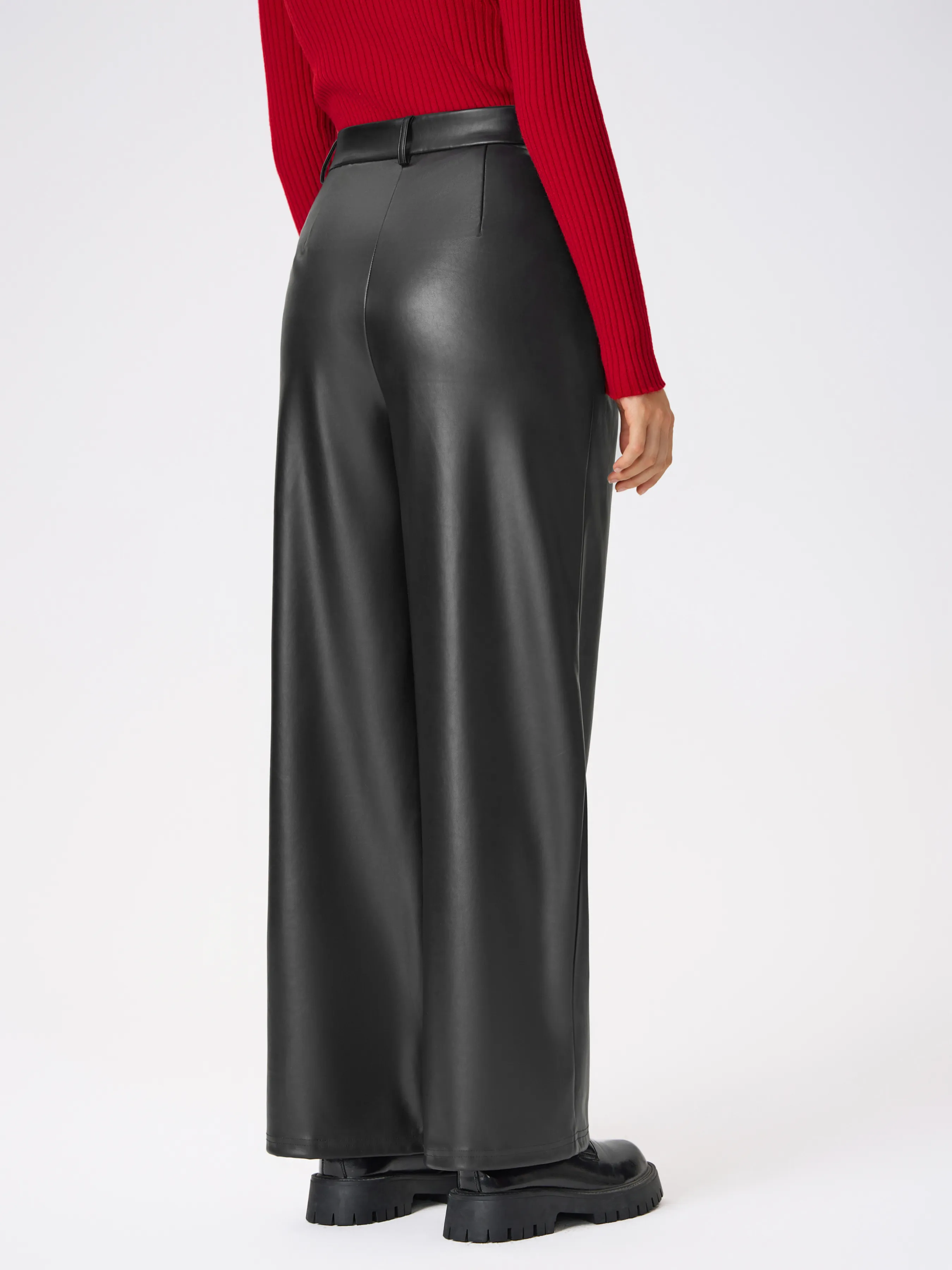  Pantalones Anchos de Cintura Alta de Cuero Sintético Sólido con Bolsillo