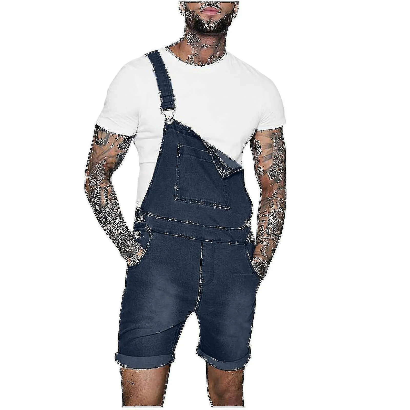 PANTALONES CORTOS DE MEZCLILLA CON BOLSILLO EN EL PECHO SóLIDO DE MODA CASUAL PARA HOMBRE MONOS DE TIPO RECTO  B DE CHUAIDU