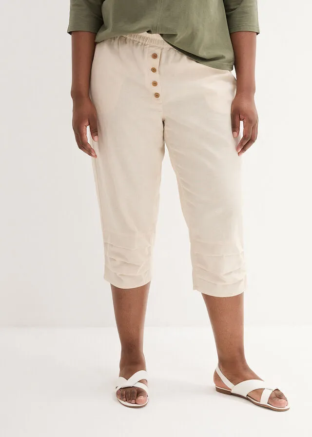 Pantalón de talle alto y largo 3/4 con lino y cintura cómoda Negro