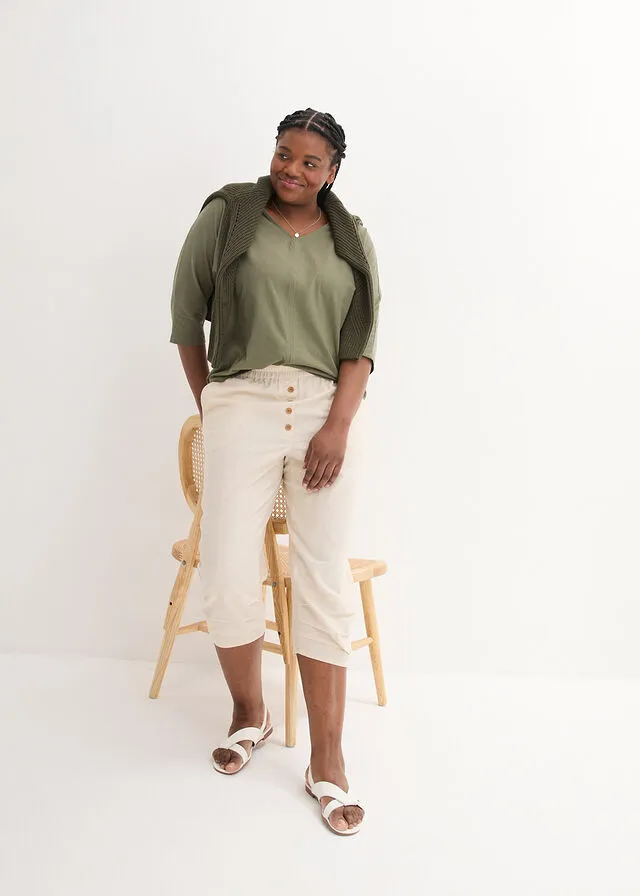 Pantalón de talle alto y largo 3/4 con lino y cintura cómoda Negro