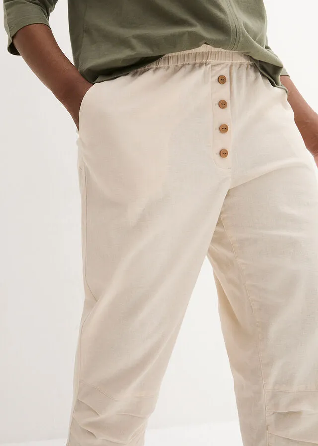 Pantalón de talle alto y largo 3/4 con lino y cintura cómoda Negro