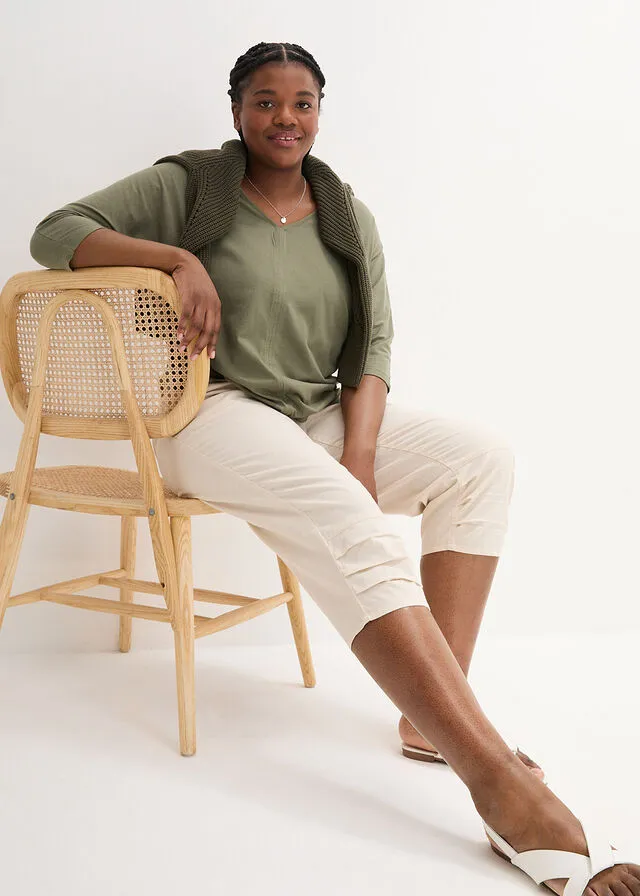 Pantalón de talle alto y largo 3/4 con lino y cintura cómoda Negro