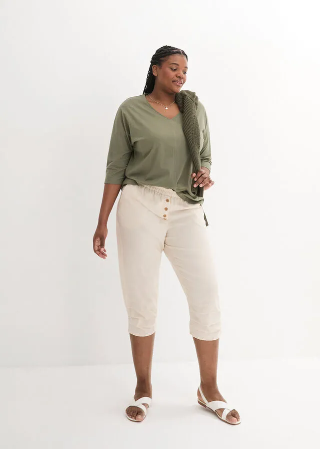 Pantalón de talle alto y largo 3/4 con lino y cintura cómoda Negro