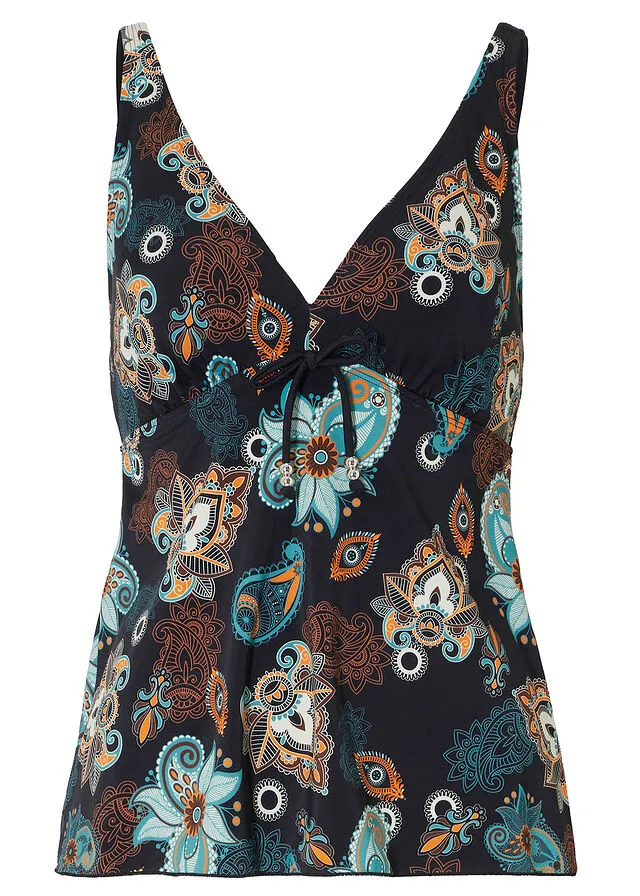 PARTE SUPERIOR DE TANKINI (2 PIEZAS) CON COMPARTIMENTOS PARA PRóTESIS DE POLIAMIDA RECICLADA NEGRONARANJA CON PATRóN PAISLEY