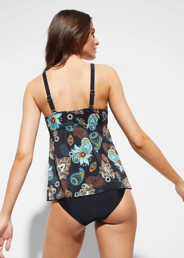 PARTE SUPERIOR DE TANKINI (2 PIEZAS) CON COMPARTIMENTOS PARA PRóTESIS DE POLIAMIDA RECICLADA NEGRONARANJA CON PATRóN PAISLEY