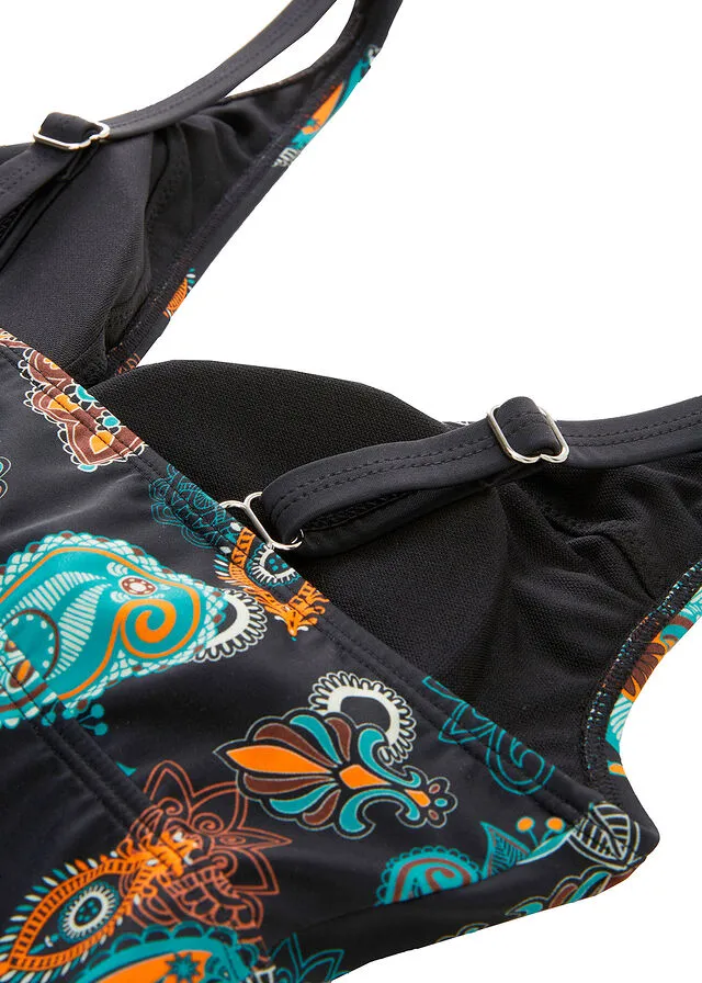 PARTE SUPERIOR DE TANKINI (2 PIEZAS) CON COMPARTIMENTOS PARA PRóTESIS DE POLIAMIDA RECICLADA NEGRONARANJA CON PATRóN PAISLEY