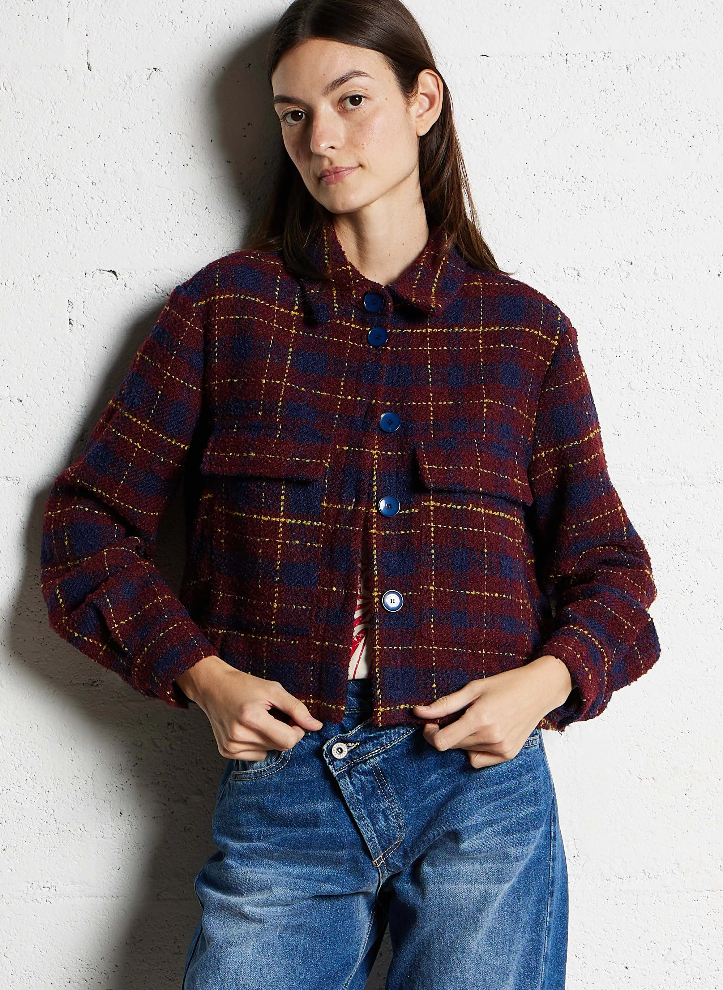PLEASE Chaqueta de cuadros con cuello clásico recto. en rojo
