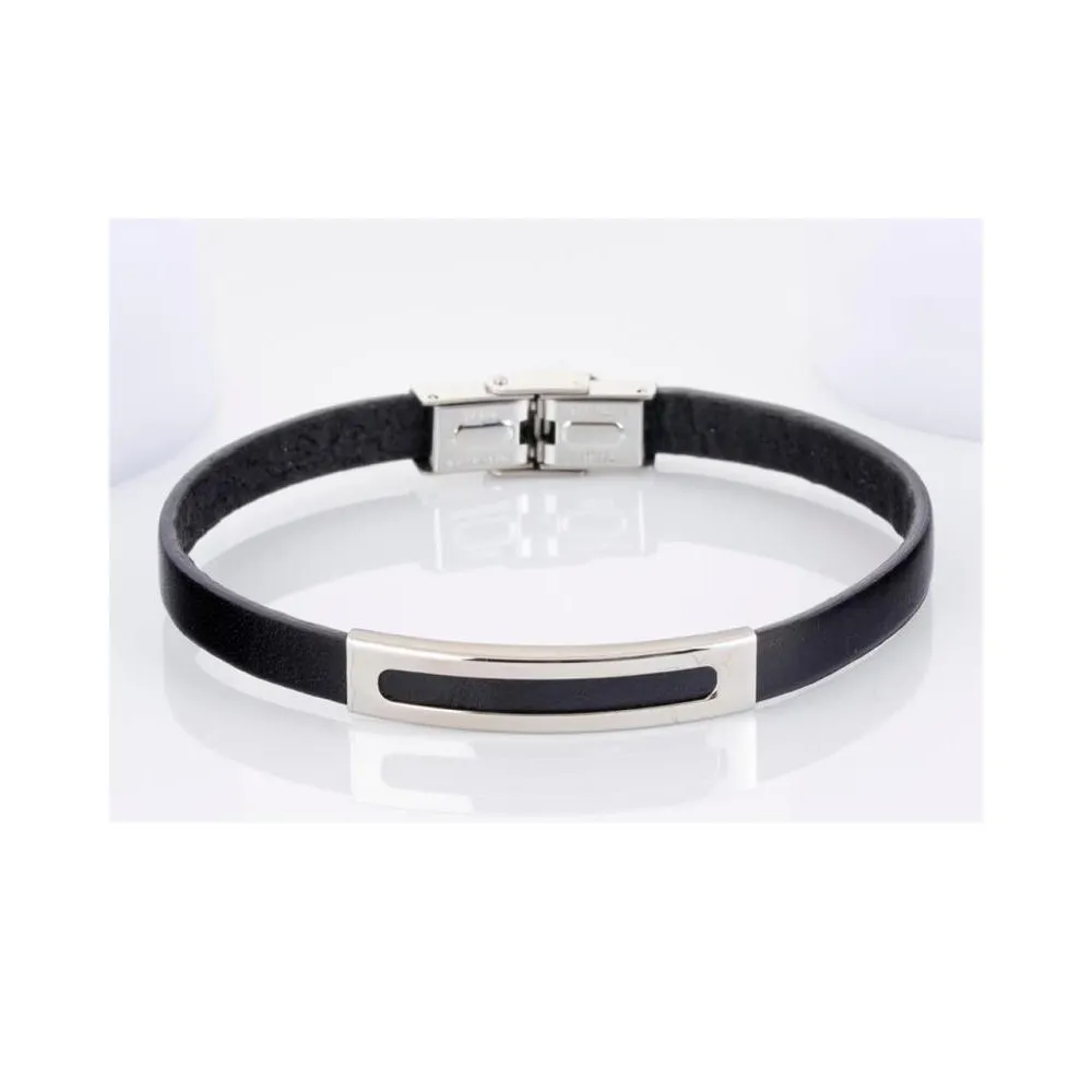 Pulsera de piel negra y acero con cierre