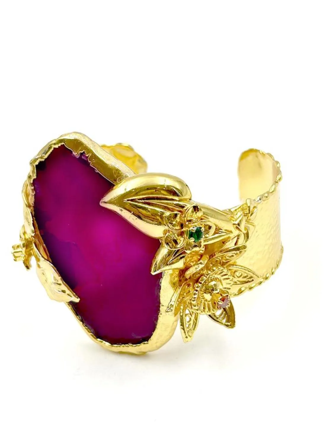 PULSERAS DE MODA PARA BODAS EN DORADO CON PIEDRA FUCSIA BUGAMBILIA