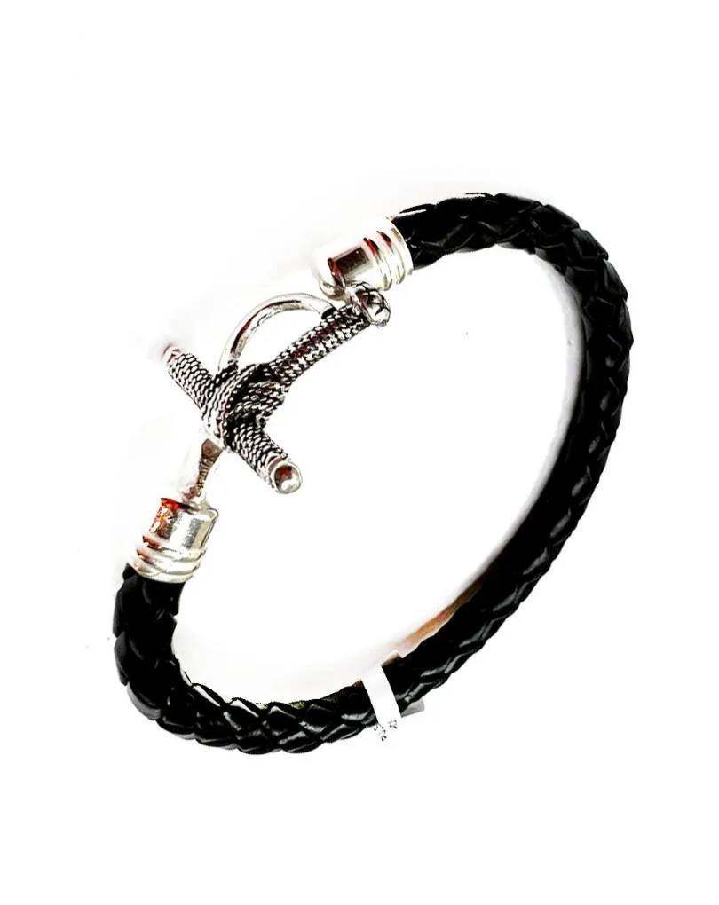 PULSERAS PARA  HOMBRE DE CUERO TRENZADO CON ESTOQUE PLATA