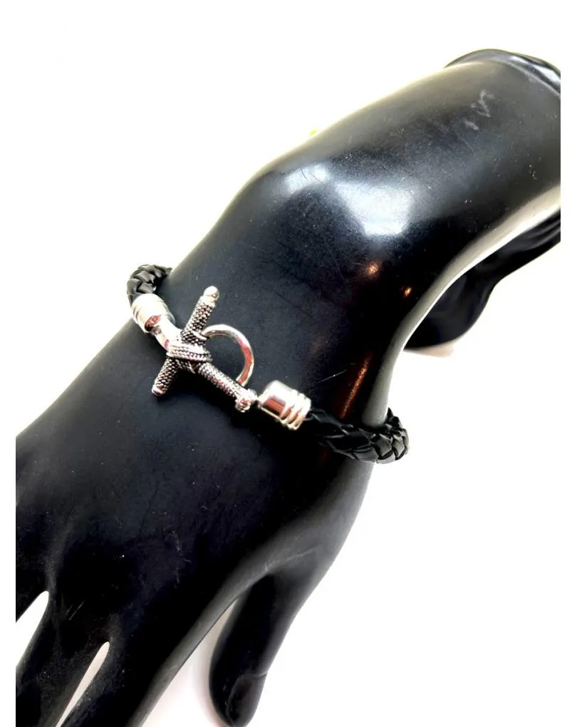 PULSERAS PARA  HOMBRE DE CUERO TRENZADO CON ESTOQUE PLATA