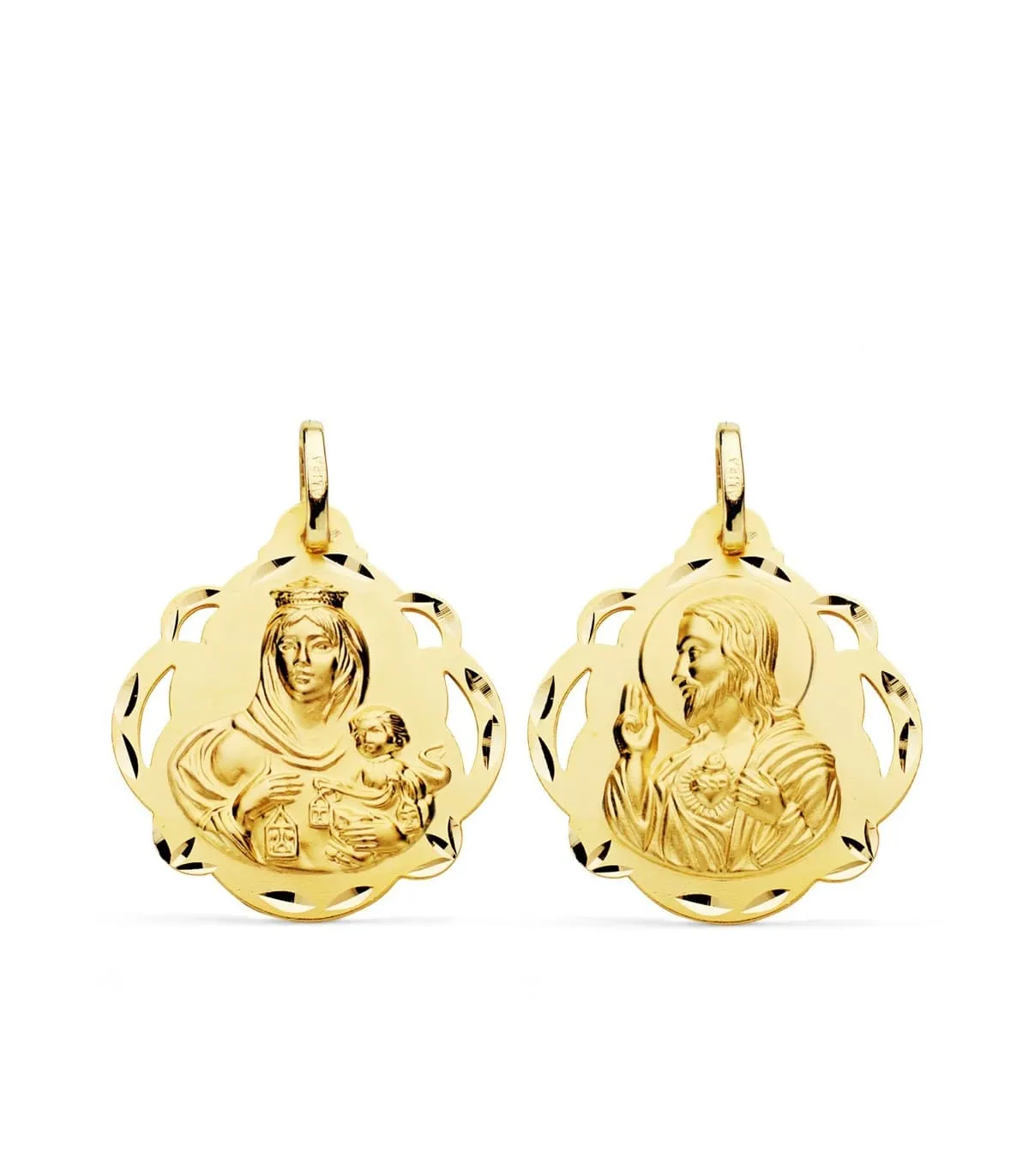 Scapulaire vierge du Carmel et Sacré Coeur Or 18 K 24 mm Entourée
