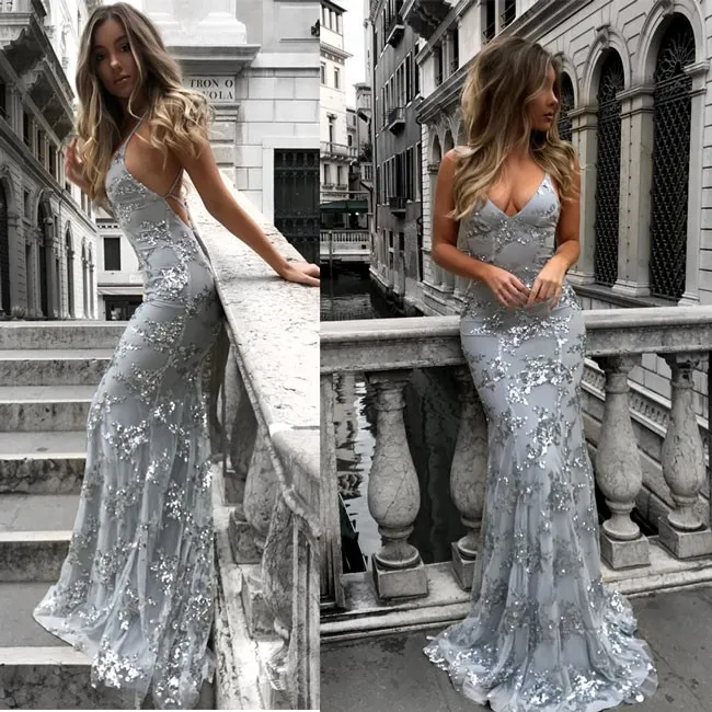 Sexy Deep V Neck Straps Sequin Party Dress Elegant Long Sling Prom Dress