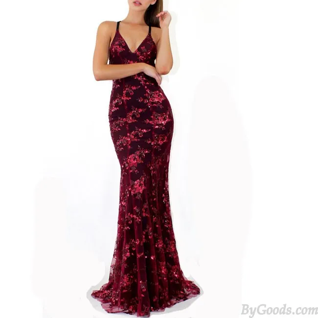 Sexy Deep V Neck Straps Sequin Party Dress Elegant Long Sling Prom Dress