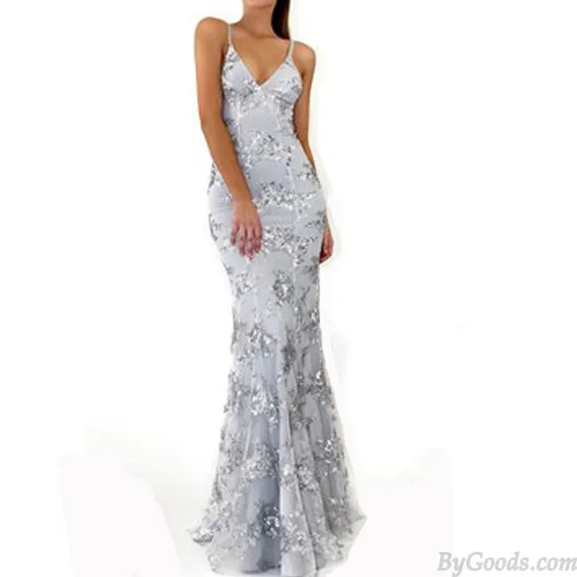 Sexy Deep V Neck Straps Sequin Party Dress Elegant Long Sling Prom Dress