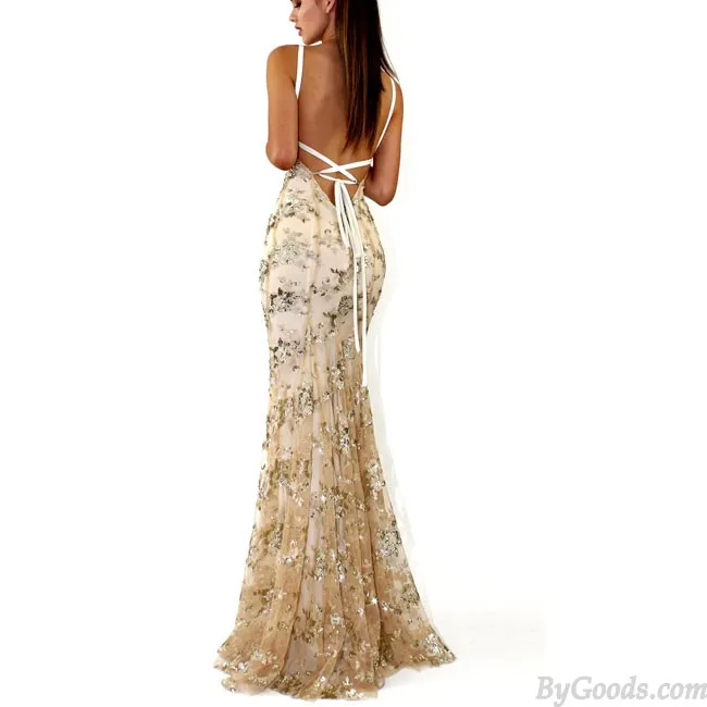 Sexy Deep V Neck Straps Sequin Party Dress Elegant Long Sling Prom Dress