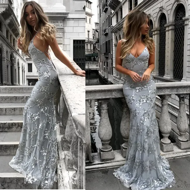 Sexy Deep V Neck Straps Sequin Party Dress Elegant Long Sling Prom Dress