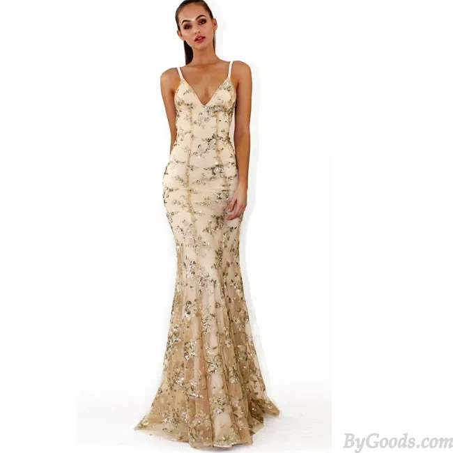 Sexy Deep V Neck Straps Sequin Party Dress Elegant Long Sling Prom Dress