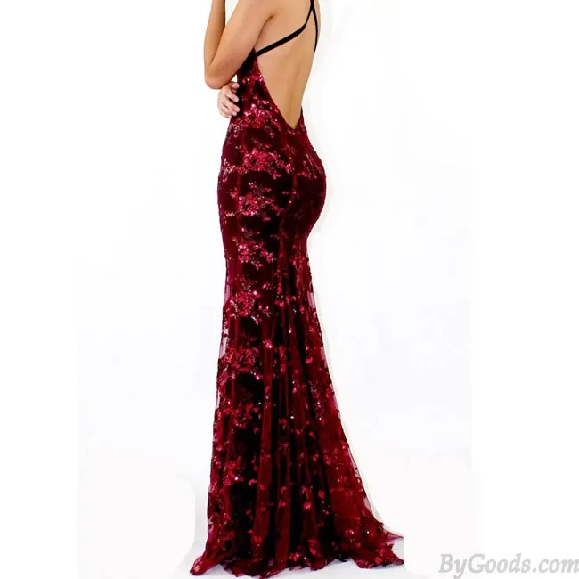 Sexy Deep V Neck Straps Sequin Party Dress Elegant Long Sling Prom Dress