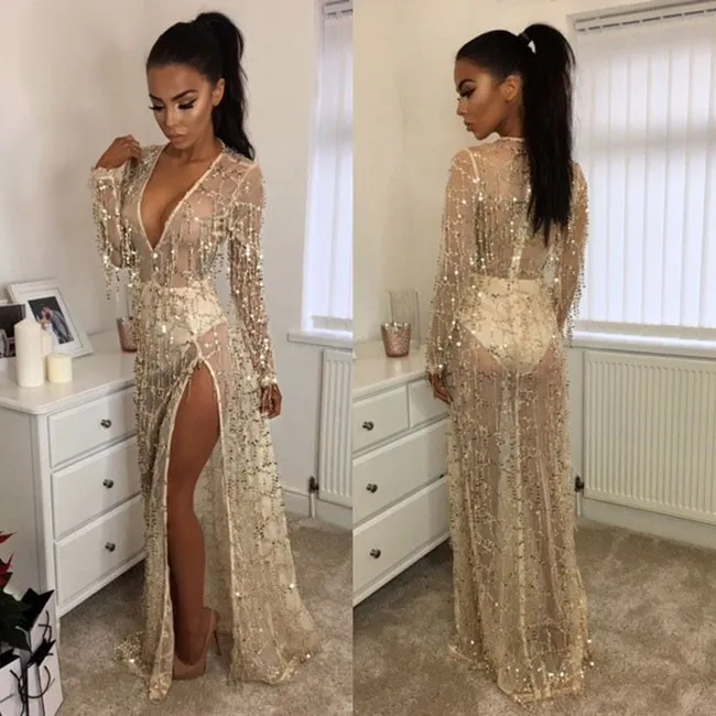 SEXY WOMEN'S VNECK BEAD TASSELS BEACH DRESS SEQUIN LONG PROM DRESS
