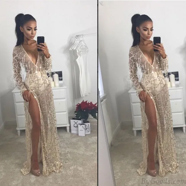 SEXY WOMEN'S VNECK BEAD TASSELS BEACH DRESS SEQUIN LONG PROM DRESS