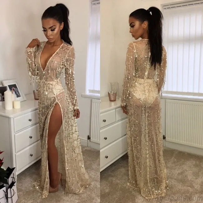 SEXY WOMEN'S VNECK BEAD TASSELS BEACH DRESS SEQUIN LONG PROM DRESS