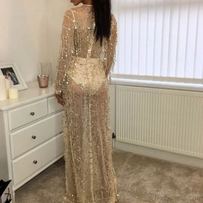 SEXY WOMEN'S VNECK BEAD TASSELS BEACH DRESS SEQUIN LONG PROM DRESS